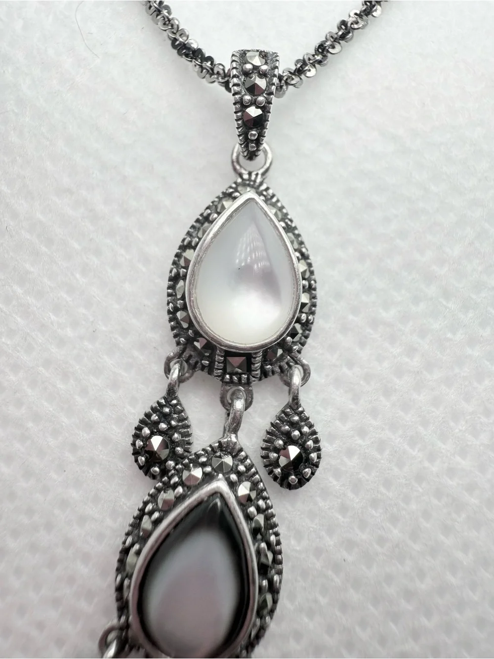 Vintage Italian Art Deco Marcasite Onyx Mother of Pearl Chandelier Drop Necklace